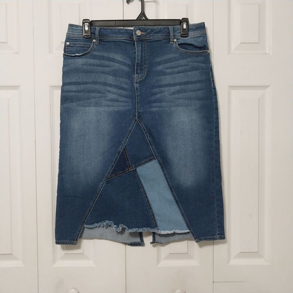 Denim Midi A Line Skirt Patchwork Raw Hem Medium Wash Boho Hippie Festival 14
